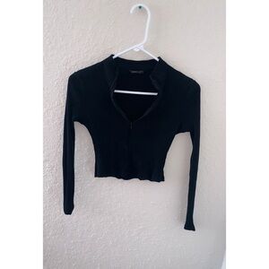 Black Ribbed Zip-Up Crop Top